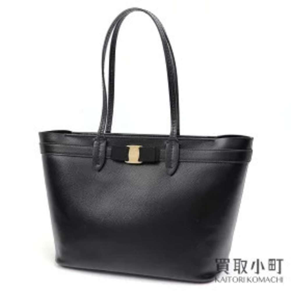 Salvatore Ferragamo Vara Ribbon Tote Bag Black Calfskin Handbag CALF SKIN